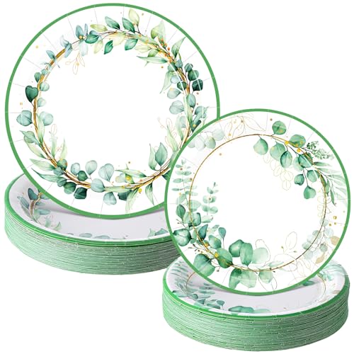 Mumufy 100 Stück Salbeigrün Pappteller Eukalyptus Speiseteller und grüne Blätter Dessert Frühling Sommer dekoratives Geschirr für Hochzeit Babyparty Brautparty Geburtstag Party Supplies von Mumufy