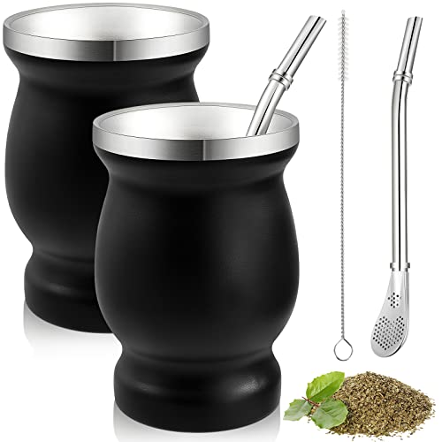 Mumufy Yerba Mate Becher aus Edelstahl und Bombilla-Set, doppelwandige Teetasse mit Reinigungsbürste, 237 ml, leicht zu reinigen, Schwarz, 2 Stück Mumufy Yerba Mate Becher aus Edelstahl und Bombilla-Set, doppelwandige Teetasse mit Reinigungsbürste, 237 ml, leicht zu reinigen, Schwarz, 2 Stück von Mumufy
