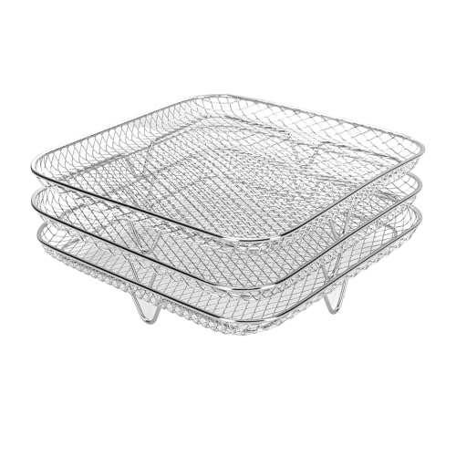 Mumusuki 3 Schicht Quadratische Luft Fritteuchsenregale, 3 Stapelbare Dehydratorregale 304 Edelstahl -Geschirrspüler Seiche Grillregal für Luftfritteusen Backen Röstung von Mumusuki