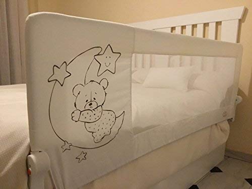 Bettgitter für Kinderbett, 180 x 66 cm, Modell: Teddy und Mond in Grau, Sicherheitsgitter, SGS-Qualitätssiegel von Mundibebé