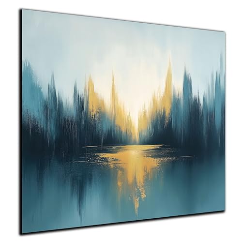 Munera Design® - Leinwand Bilder 50x50 cm Quadratisch Wandbilder Wanddeko Wohnzimmer Deko Zimmer Modern Bild auf 6mm HDF Sonnenuntergang See Gold Blau abstrakt home Dekoration Wandbild von Munera Design
