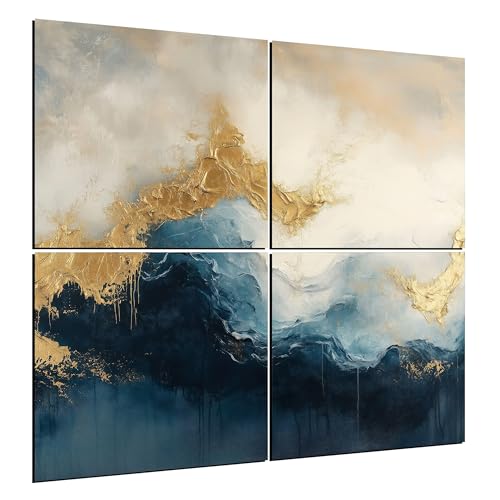Munera Design® - XXL Leinwand Bilder 100x100 cm 4-Teilig Quadratisch Wandbilder Wanddeko Wohnzimmer Deko Zimmer Modern Bild auf 6mm HDF Painting Blau Gold abstrakt fluid home weiß Dekoration Wandbild von Munera Design