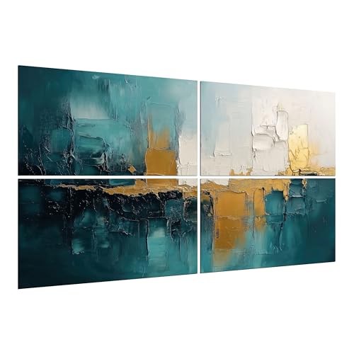 Munera Design® - XXL Leinwand Bilder 120x80 cm 4-Teilig Querformat Wandbilder Wanddeko Wohnzimmer Deko Zimmer Modern Bild auf 6mm HDF Painting Blau Gold abstrakt Weiß home weiß Dekoration Wandbild von Munera Design