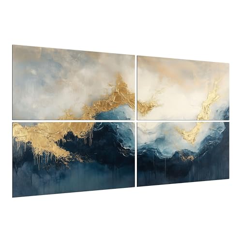 Munera Design® - XXL Leinwand Bilder 120x80 cm 4-Teilig Querformat Wandbilder Wanddeko Wohnzimmer Deko Zimmer Modern Bild auf 6mm HDF Painting Blau Gold abstrakt fluid home weiß Dekoration Wandbild von Munera Design