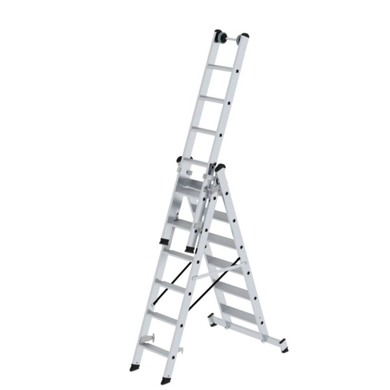 MUNK Stufen- Mehrzweckleiter mit Wandlaufrollen und Nivello Traverse 3x6 Stufen von Munk Steigtechnik