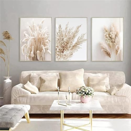 Pampasgras Leinwand bilder 3er set,Moderne Boho style Poster,Beige Pampas Wild Schilf Wandbilder,Home deko Bilder für Wohnzimmer Schlafzimmer Flur, Ohne Rahmen (Style-3,60x90cmx3pcs) von Muovel