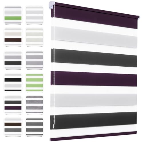 MupFup Doppelrollo Klemmfix ohne Bohren 105x120cm(BxH) Weiß-anthrazit-lila,Rollo Klemmrollo mit Lichtdurchlässig/Höhe Stufenlos Verstellbar für Schlafzimmer,Badezimmer,Wohnzimmer Fenster und Tür von MupFup