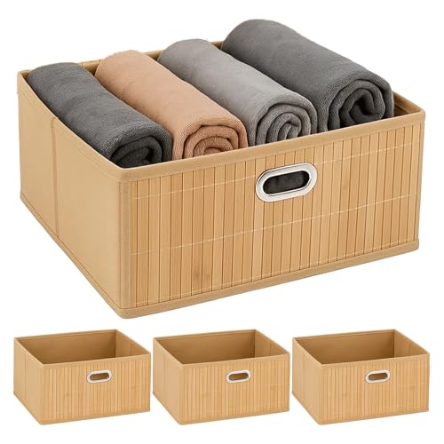 4er Set Faltbox mit Bambus Front & Grifföse ca. 14x31x31 cm - Beige - Natur skandinavischer Stil Einrichtung Würfel Box Badezimmer Körbe Kiste Organizer Klappbox Korb Aufbewahrungsbox Beige von Murago