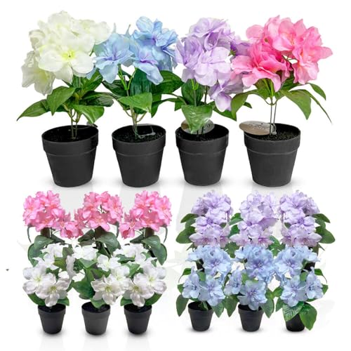 Murago - 16er Set Künstliche Azaleen im Topf Bunt - Kunstblume Kunstpflanze Pflanzen Blumen Gastro Hortansien Frühling Dekoration Rosa Lila Blau Tischdeko für Balkon Hochzeit von Murago