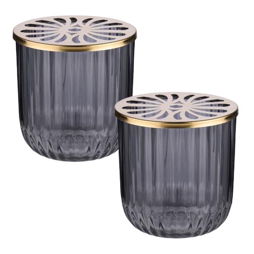 Murago - 2er Set Glas Windlichter Grau mit Metalldeckel in Gold je ca.9,4x9,2cm - Kerzen Deko Teelicht Halter Teelichthalter transparent geriffelt Kerzengläser Tischdeko für kleine Stumpenkerzen Murago - 2er Set Glas Windlichter Grau mit Metalldeckel in Gold je ca.9,4x9,2cm - Kerzen Deko Teelicht Halter Teelichthalter transparent geriffelt Kerzengläser Tischdeko für kleine Stumpenkerzen von Murago