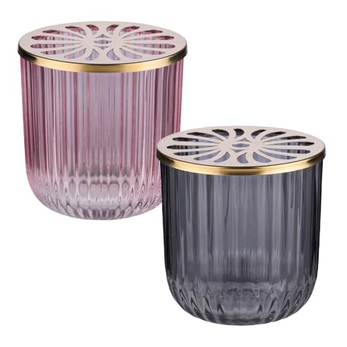 Murago - 2er Set Glas Windlichter Grau & Rosa Metalldeckel in Gold je ca.9,4x9,2cm - Kerzen Deko Teelicht Halter Teelichthalter transparent geriffelt Kerzengläser Tischdeko für kleine Stumpenkerzen von Murago