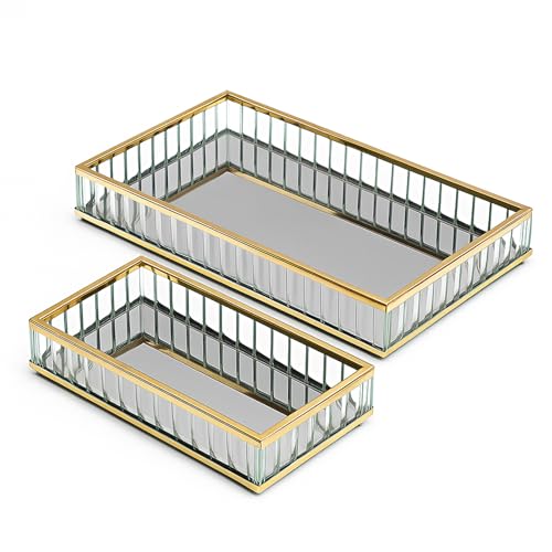 Murago - 2er Set Spiegeltabletts rechteckig – Dekotablett mit Spiegelboden & goldenem Metall Rahmen – Schmucktablett Kosmetikablage Badtablett Organizer für Wohnzimmer Badezimmer Schminktisch Isteme von Murago