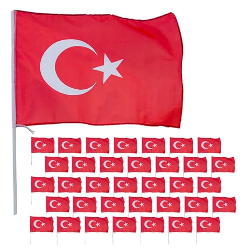 Murago - 36er Set XXXL Türkei Handfahnen - mit ca. 100cm Stab & 60x90 cm große Flagge türkische FahneTürkiye Bayrak Fanartikel EM Demo Hochzeit Dügün Dekoration von Murago