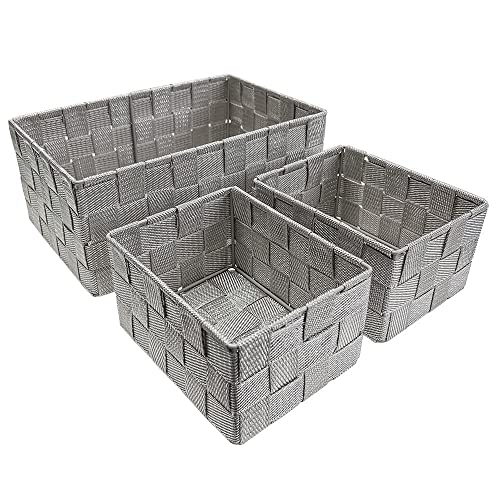 Murago - 3er Set Aufbewahrungskorb geflochten - Badezimmer Regalkorb Büro Küche Aufbewahrungsbox Grau silber-farbig mittelgroß klein glitzer von Murago