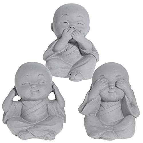 Murago 3er Set Buddha Deko Figuren Buddah Figur Statue Nichts hören sehen Sagen für innen & außen Garten grau klein Mönch von Murago