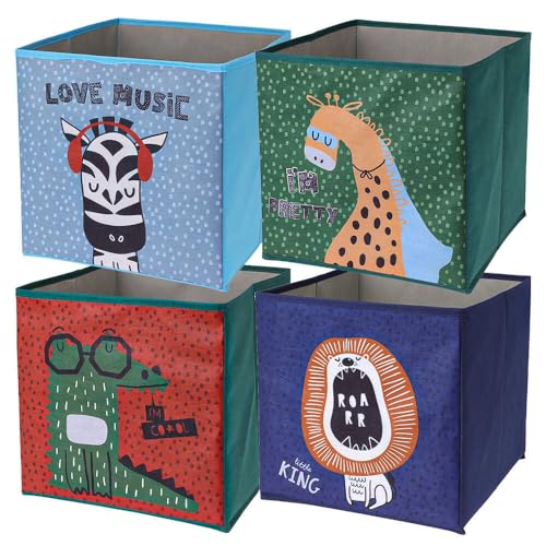 Murago - 4er Set Faltboxen ca. 30x30x30 cm - Aufbewahrungsboxen Tiermotiv faltbar Körbe Spielzeug Kiste Boxen Stoff Würfel Regalkorb Klappbox für Kinderzimmer von Murago