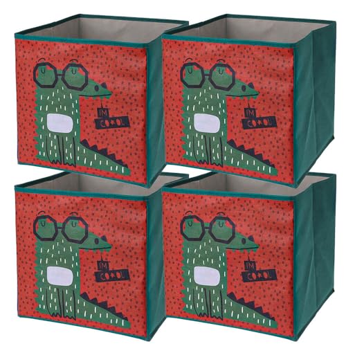 Murago - 4er Set Faltboxen ca. 30x30x30 cm Krokodil - Aufbewahrungsboxen faltbar Körbe mit Motiv Spielzeug Kiste Rot Grün Boxen Stoff Würfel Regalkorb Klappbox für Kinderzimmer von Murago
