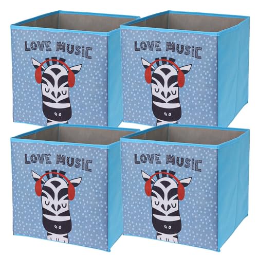 Murago - 4er Set Faltboxen ca. 30x30x30 cm Zebra - Aufbewahrungsboxen faltbar Körbe mit Motiv Hellblau Spielzeug Kiste Boxen Stoff Würfel Regalkorb Klappbox für Kinderzimmer von Murago