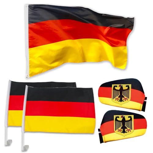 Murago- 5 teiliges Deutschland Auto Fanset - EM Dekoration Fanartikel Autofahne Spiegelfahne Flagge ca. 90x60 cm mit Ösen Fußball Party von Murago