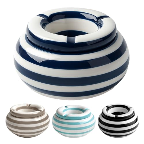 Murago - Aschenbecher Keramik ca. 11x6 cm Dunkelblau gestreift - Maritim für draussen glänzend mit Deckel Outdoor rund Tischaschenbecher Garten Balkon Ascher Windaschenbecher Murago - Aschenbecher Keramik ca. 11x6 cm Dunkelblau gestreift - Maritim für draussen glänzend mit Deckel Outdoor rund Tischaschenbecher Garten Balkon Ascher Windaschenbecher von Murago