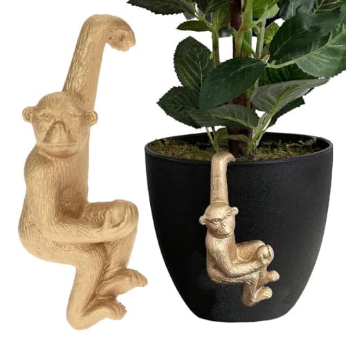 Murago - Hängeaffe Deko Figur ca. 13,5cm - goldfarbig Topfhänger hängende Skulptur Dekoration für Garten Pflanzen Balkon Zaun Affenstatue kleine Tierfigur von Murago