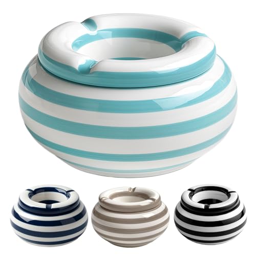 Murago - Keramik Aschenbecher mit Deckel Ø 11,5 cm - Hellblau - Streifendesign 3 Zigaretten-Ablagen glänzend Strand Beach Maritim Windaschenbecher Türkis Außen Tischaschenbecher Raucherzubehör Murago - Keramik Aschenbecher mit Deckel Ø 11,5 cm - Hellblau - Streifendesign 3 Zigaretten-Ablagen glänzend Strand Beach Maritim Windaschenbecher Türkis Außen Tischaschenbecher Raucherzubehör von Murago