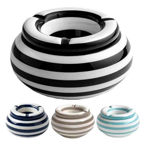 Murago - Keramik Aschenbecher mit Deckel Ø 11,5 cm - Schwarz - Streifendesign 3 Zigaretten-Ablagen glänzend Strand Beach Maritim Windaschenbecher Indoor & Outdoor Tischaschenbecher Raucherzubehör Murago - Keramik Aschenbecher mit Deckel Ø 11,5 cm - Schwarz - Streifendesign 3 Zigaretten-Ablagen glänzend Strand Beach Maritim Windaschenbecher Indoor & Outdoor Tischaschenbecher Raucherzubehör von Murago
