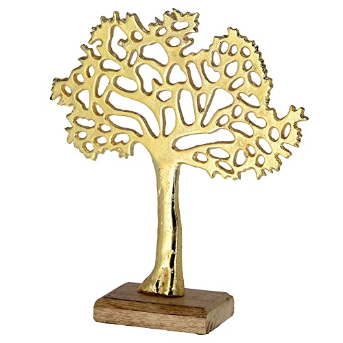 Murago - Lebensbaum Deko Skulptur ca. 31cm - Metall Figur Baum des Lebens Schmuckbaum auf Holzfuß goldfarbig Dekoration Mangoholz groß von Murago