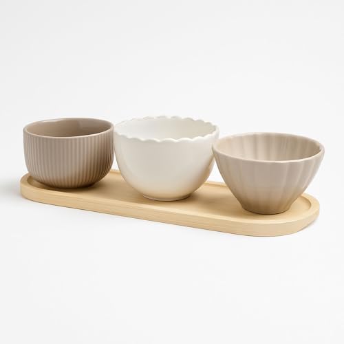 Murago - Servierset mit Bambustablett & 3 Keramikschalen - Dipschalen & Snackschalen in Naturtönen - Vorspeisenset für Tapas Snacks Fingerfood Dips Servierplatte modern für Küche & Gäste Murago - Servierset mit Bambustablett & 3 Keramikschalen - Dipschalen & Snackschalen in Naturtönen - Vorspeisenset für Tapas Snacks Fingerfood Dips Servierplatte modern für Küche & Gäste von Murago