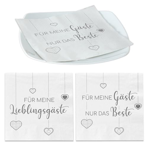 Murago - Servietten 40er-Set " Für meine Lieblingsgäste " & " Für meine Gäste nur das Beste " ca.33x33cm - Motiv Dekoration Papierservietten Herz Mtoiv mit Spruch Weiß Grau Silber von Murago