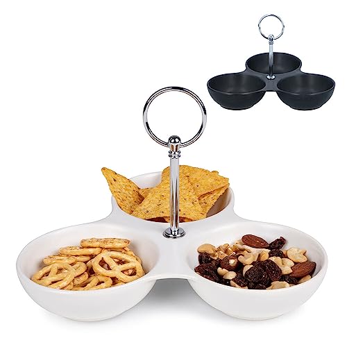 Murago - Snackschale mit Fächern & Griff - Weiß - Knabberschalen Deko Snack Teller Etagere Schale Servierteller Tapas Platte Dipschalen Keramik für Süßigkeiten Nüsse Candybar von Murago