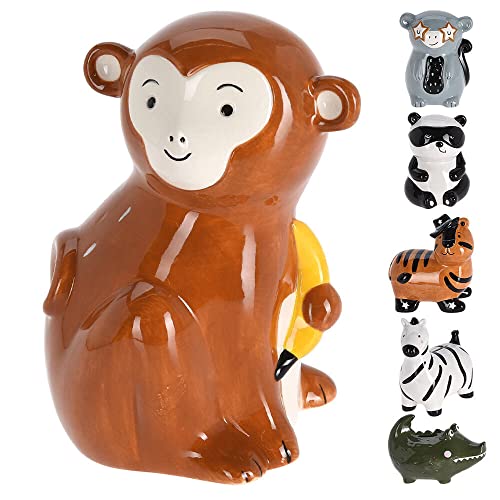 Murago - Spardose Äffchen mit Banane - Sparschwein für Kinder Affen Sparbüchse Jungen Mädchen Keramik Tierform Dekofigur groß Braun von Murago