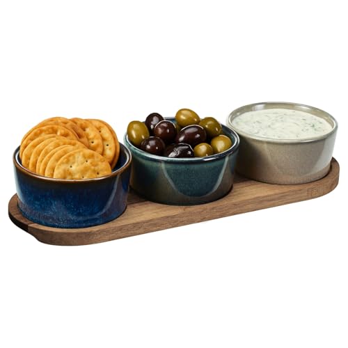 Murago - Tapas-Set Tierra? 4-teilig - Servierset mit 3 Keramikschalen in Naturfarben & Akazienholztablett ? Dipschalen Snackschalen Antipasti mediterran ? Spülmaschinengeeignet von Murago