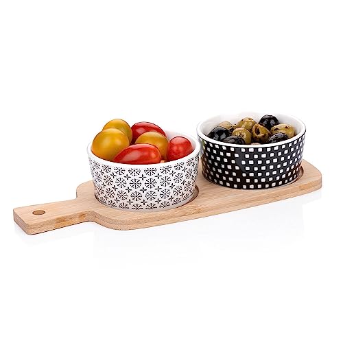 Murago - Tapas Snackplatte 3-tlg Set - Bambusteller mit Griff Keramik Snack Schalen Teller Platte Brett Snackteller Serviertablett Schälchen Gastro Servierschale Dips Vorspeisen Oliven Candy Nüsse von Murago