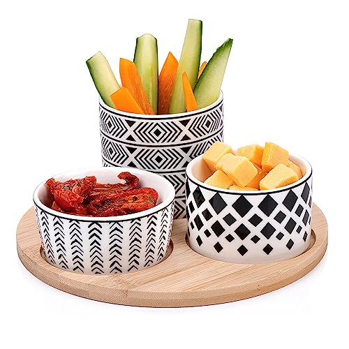 Murago - Tapas Snackplatte 4tlg Set - Bambus Keramik Snack Schalen Teller Platte Brett Serviertablett Schälchen Knabberschale Servierrschale Dips Vorspeisen Oliven Süßigkeiten Nüsse Holz von Murago