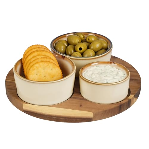 Murago - Tapas Snackplatte Rustico Cream 4tlg Set - Akazienholz Keramik Snack Schalen Teller Platte Brett rund Serviertablett Schälchen Servierrschale Dips Vorspeisen Oliven Süßigkeiten Nüsse von Murago