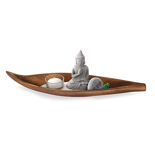 Murago - Zen Garten Buddha Figur Deko-Set mit Teelichthalter Kerze - Tischdekoration Holzschale länglich Bootsform Buddah klein Meditation Wellness für Innen Badezimmer von Murago