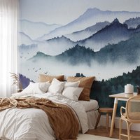Aquarell Stil Abstrakt Nebel Berge Tapete, Peel & Stick Natur Selbstklebend Neblige Wandbild von MuraliumWallpapers