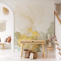 Beige Und Mint Farbene Tinte in Wasser Tapete, Luxuriöse Gold Peel & Stick Abnehmbare Wand Wandbild von MuraliumWallpapers