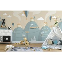 Berge Züge Und Heißluftballons Illustration Kinderzimmer Tapete, Peel & Stick Selbstklebendes Wandbild Für von MuraliumWallpapers