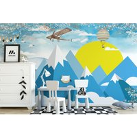 Blaue Kinderzimmer Tapete Mit Bergen, Peel & Stick Heißluftballons Und Flugzeug Wand Wandbild, Selbstklebende von MuraliumWallpapers