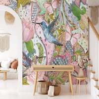 Blumen Und Mockingbirds Malerei Tapete, Aquarell Rosa Themen Floral Peel & Stick Wand Wandbild, Selbstklebende Tapete von MuraliumWallpapers