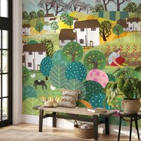 Bunte Bauernhof Illustration Tapete, Peel & Stick Tiere Und Bauern Malerei Selbstklebend Niedliche Wand Wandbild von MuraliumWallpapers