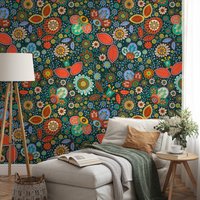 Bunte Blumen Im Traditionellen Stil Tapete, Grüne Wunderliche Bunte Florale Peel & Stick Selbstklebend von MuraliumWallpapers