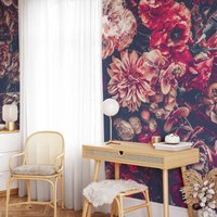 Bunte Blumen Und Orchideen Tapete, Dunkle Florale Peel & Stick Florales Selbstklebendes Wandbild, Abnehmbare Tapete von MuraliumWallpapers