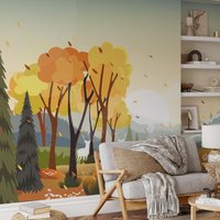 Cartoon Stil Herbst Inspirierte Wald Illustration Tapete, Peel & Stick Landschaft Selbstklebend Fallende Blätter Wandbild von MuraliumWallpapers