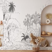 Dschungel Mit Palmen Line Art Tapete, Handgezeichnete Bäume Auf Weißem Hintergrund Dekoratives Peel & Stick Wandbild von MuraliumWallpapers