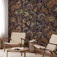 Erdtöne Traditionelle Floral Muster Mit Dunklem Hintergrund Tapete, Peel & Stick Whimsical Wallpaper, Selbstklebend Abnehmbare Tapete von MuraliumWallpapers