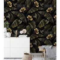 Gold Aussehende Blumen Mit Großer Blätter Tapete, Luxus Tapete Peel & Stick, Dunkle Wand Wandbild, Selbstklebende von MuraliumWallpapers