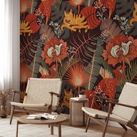 Herbst Inspirierte Blätter Illustration Tapete Mit Füchsen, Peel & Stick Whimsical Wallpaper, Selbstklebend Große Florale Wand Wandbild von MuraliumWallpapers